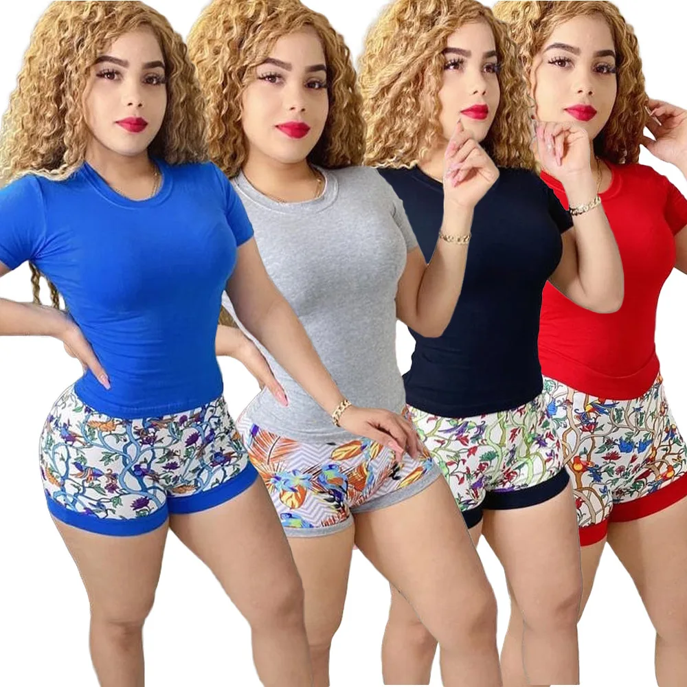 

Echoine Summer Casual Sport Short Women Tracksuit 2 Pieces Set Soild Color O Neck Top and Floral Print Pants Home Clothing 2020