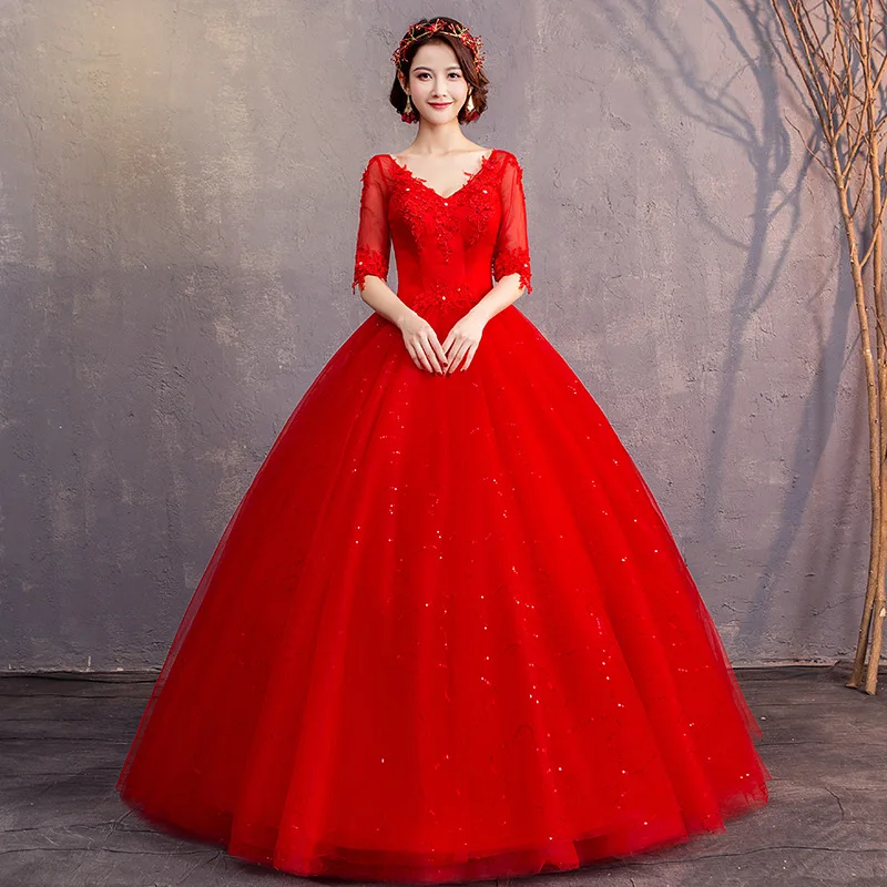 Фото Свадебное платье элегантный v-вырез красное кружевное с рукавами средней длины