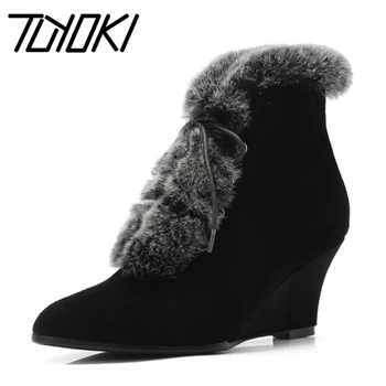 

Tuyoki Women Wedge Boots Winter Real Leather Fur Shoes Woman Lace Up Pointed Toe Sexy Ladies Shoes Women Boots Size 34-39