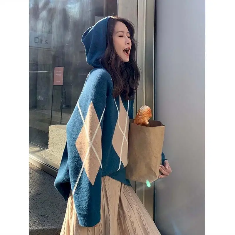 

Gentle style autumn rhombus hooded knit Pullover sweater loose Literary style lazy ladies winter coat 2020 new Simple and sweet