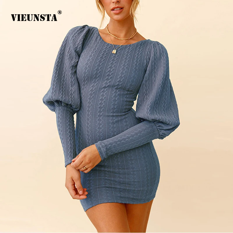 

VIEUNSTA Fashion Sexy Slim Autumn Winter Knitted Skirt Round Neck Lantern Sleeve Buttocks Base Short Dress Elegant Prom Dresses