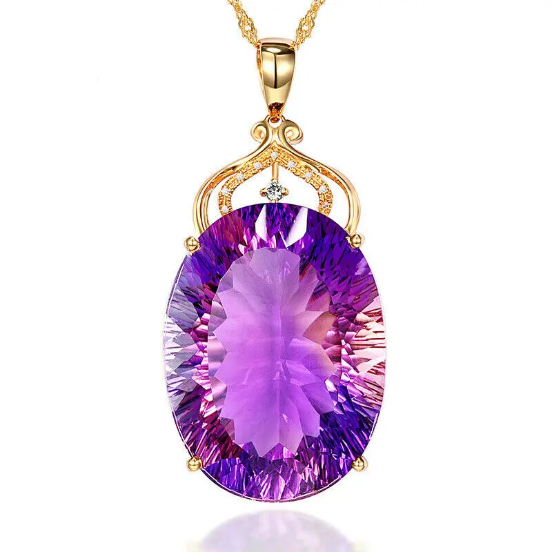 Драгоценный камень Charm18k позолоченный 36CT аметист цвет Овальный кристалл кулон ожерелье леди свадебные ювелирные изделия