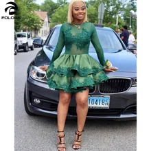 Охотник o-образным вырезом с длинным рукавом без спинки платья для выпускного вечера Иллюзия с аппликациями кружевами и рюшами ярусный сатин A Line коктейльные платья