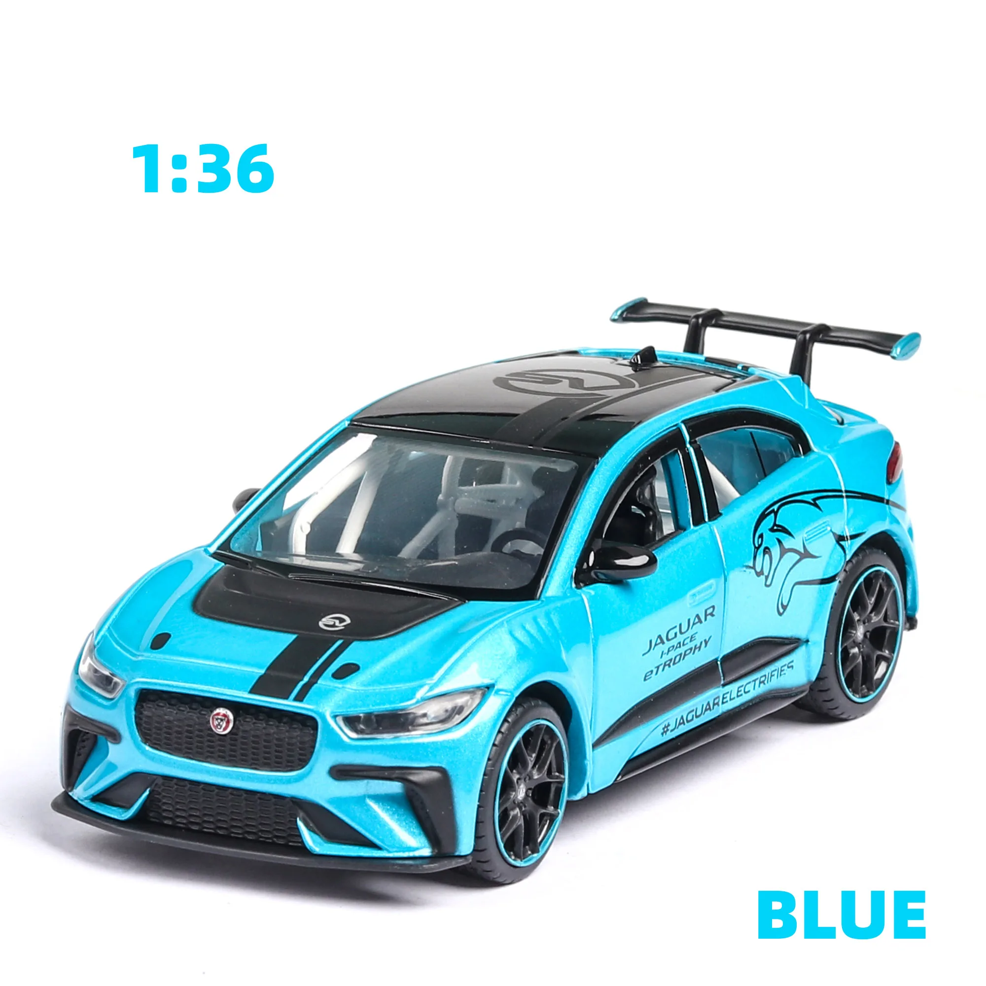 Новинка, 1:36, JAGUAR, I-PACE, литые под давлением, игрушечный автомобиль, оттягивающийся назад, Спортивная модель автомобиля, Супер гоночный подъемный хвост для детей, игрушечный автомобиль из сплава - Цвет: Blue no box