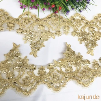 

width 13cm New gold Embroidered Bridal Dress Wedding Decorative Sewing Boutique Lace Applique Trim Craft