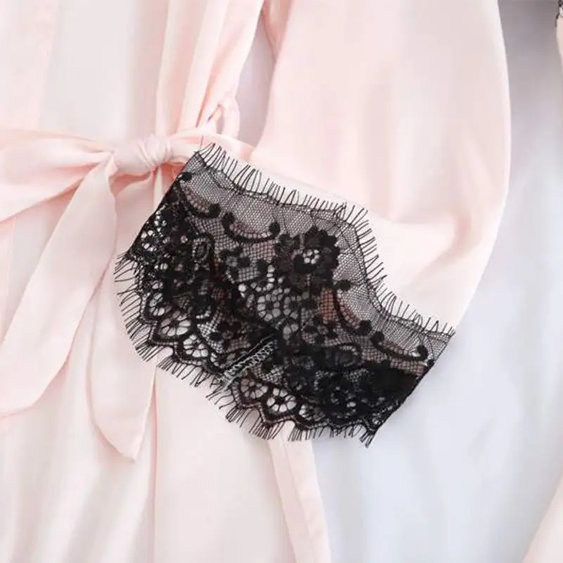 Женская пижама из искусственного шелка, открытой передней банный халат-кимоно с v-образным вырезом однотонные цветные ресницы, с кружевной манжетой, ночная рубашка с длинным рукавос с поясом на талии, одежда для сна