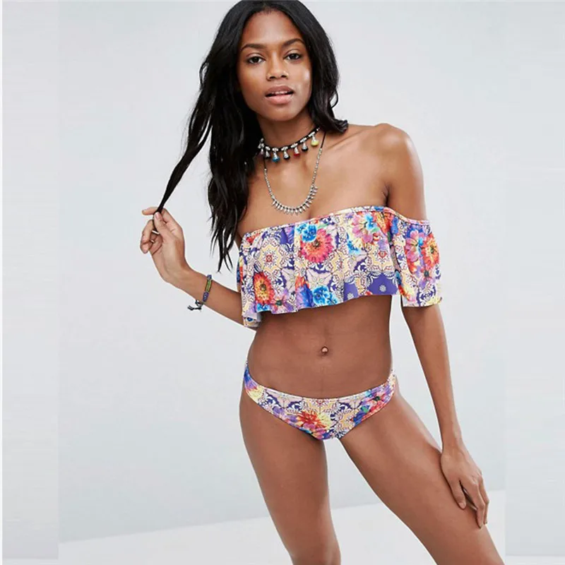 

2019 two piece falbala Swimsuit micro Bikinis tanga set Women bathing costume Sexy lady word shoulder Tankini swimsuits swimwear