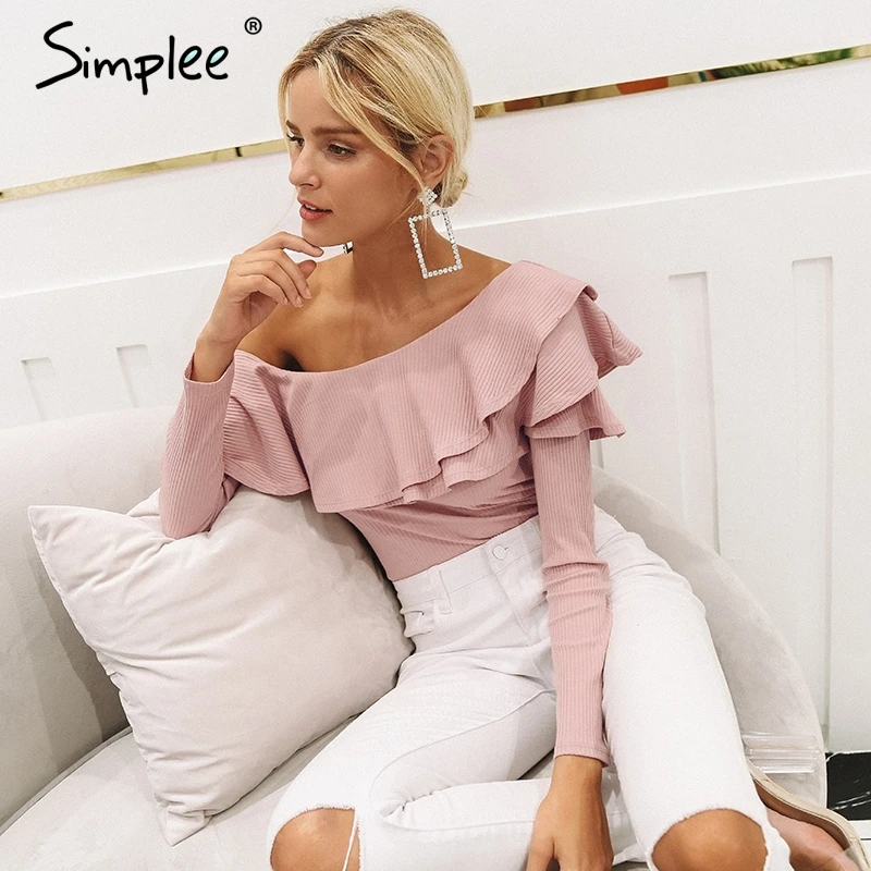  Simplee One shoulder ruffles blouse shirt women Sexy slim long sleeve tops Knitted elegant cotton b