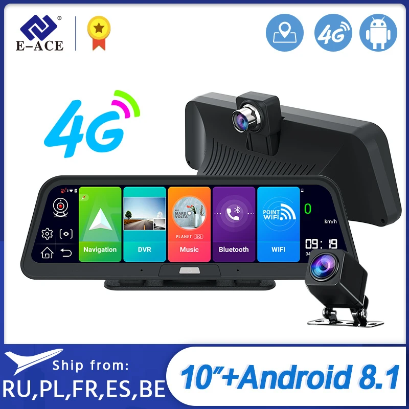 E ACE Автомобильный видеорегистратор 4G 10 дюймов Android 8 1 GPS навигация FHD 1080P авто
