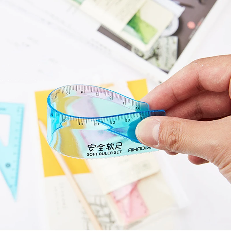 4 pcs/set Color Straight Ruler Protractor Students Math Geometry Soft Bendable Plastic Triangle Rulers Set Office School