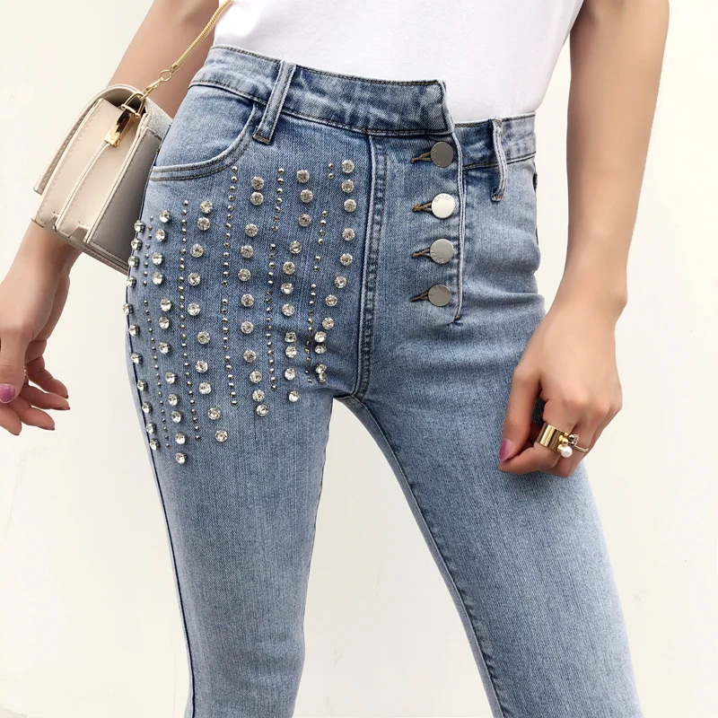 Блестящие однобортные джинсы длиной до щиколотки со стразами, Женские джинсы-карандаш на весну