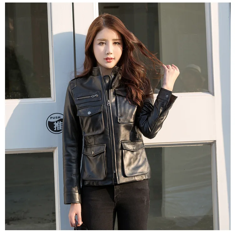 Factory New Women Genuine Sheepskin Leather Jacket Black Soft Slim Multiple Pockets Women's Leather Spring Autumn Coats