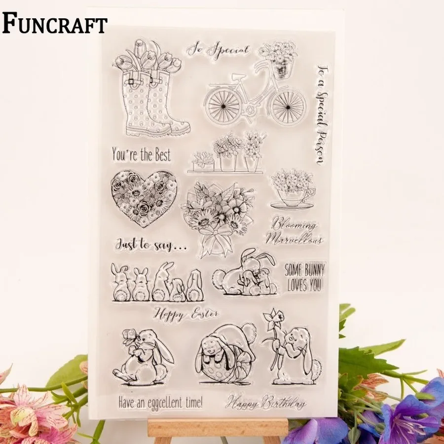 KWELLAM Tortoise Rabbit Bicycle Rain Boots Happy Birthday Easter Flowers Heart Clear Stamps for Card Making Decoration and DIY Scrapbooking