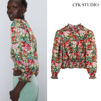 

Za Women Summer Blouse with Ruffles Turtleneck Floral Print Long Sleeve Shirt Femme Summer Pink Elegant Casual Chiffon Top