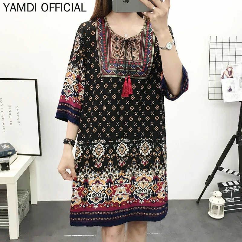 YAMDI винтажные платья женские летние осенние с цветочным принтом свободные 3/4 рукав o-образным вырезом шикарные элегантные богемные миди платья женские Новые