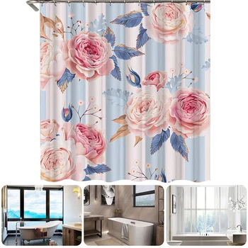 

Household Washable 180x180cm Bathroom Decor Flower Printed With Hooks Shower Curtain Polyester Easy Install Nordic Style Fashion