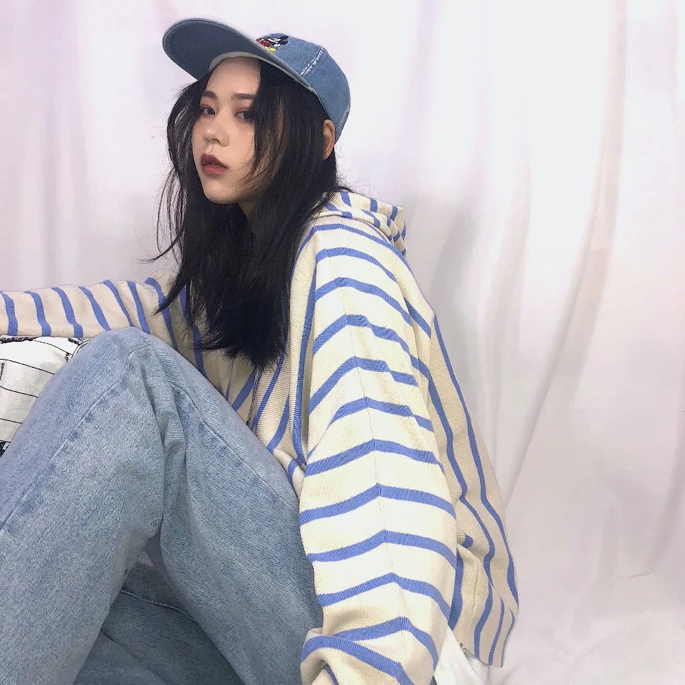Корейский зимний ulzzang Harajuku шикарный модный полосатый Свободный Повседневный свитер с капюшоном уличный свободный осенний женский свитер