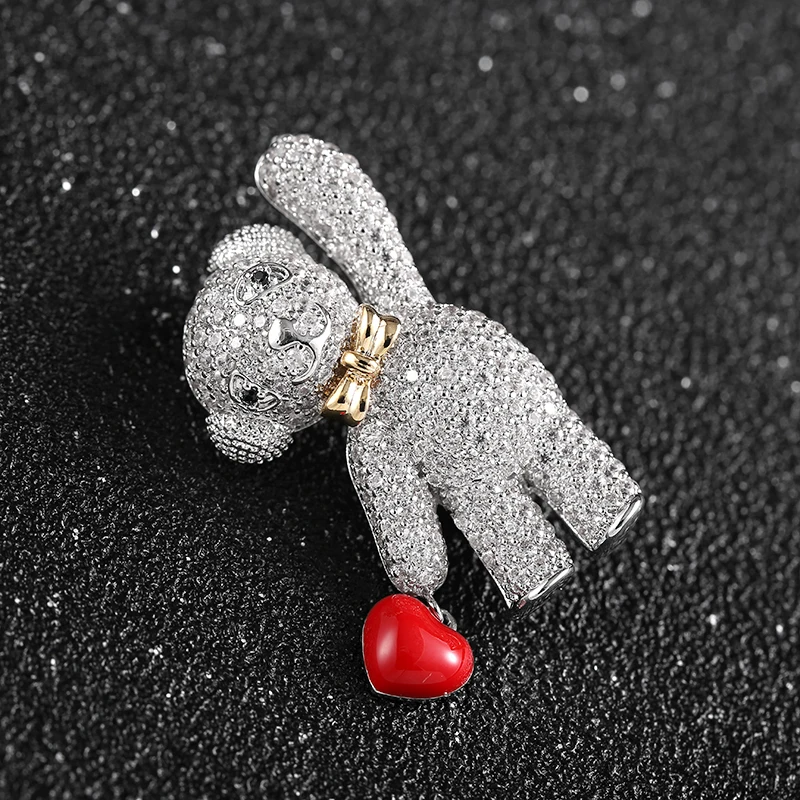 Lovely Bear Crystal Brooches for Women Sweet Teddy Holding Red Heart Enamel Pins Gold Bowknot Brooch Vintage Animal Jewelry