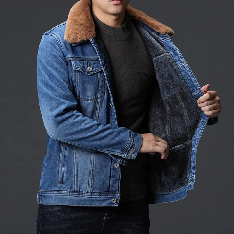  Winter Men's Fleece Lined Denim Jackets And Coats With Fur Collar Warm Thick Jeans Jackets Outwear For Male Windbreak (12)