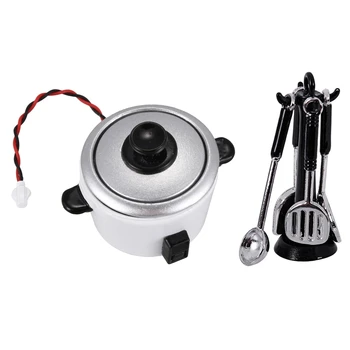 

2 Set 1:12 Dollhouse Miniature Kitchenware Cookware Kit Home Kitchen Scene Props Model Accessory, Black+Silver & White+Black