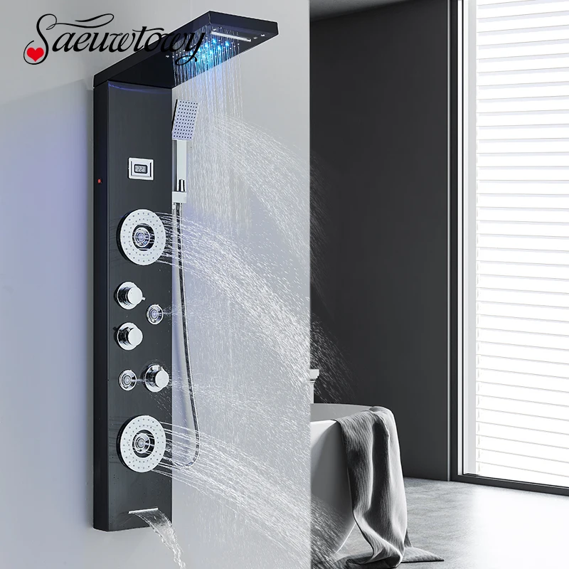 Description Picture 2 of itemBlack LED Rain/Waterfall Head Shower Panel Digital Screen Massage Jets Waterfall Bath Tub Spout Bathroom Shower Column System