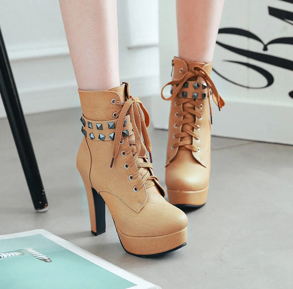 women shoes high heel Round Toe Lace Up Ankle Buckle Chunky High Heel Platform Knight Boots sapato feminino#y2*1