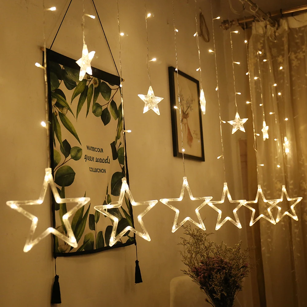 

AC220V LED Garland Curtain Light Icicle Light 6 Big 6 Small Pentagram Moon Christmas Valentine's Day Party Holiday Lighting