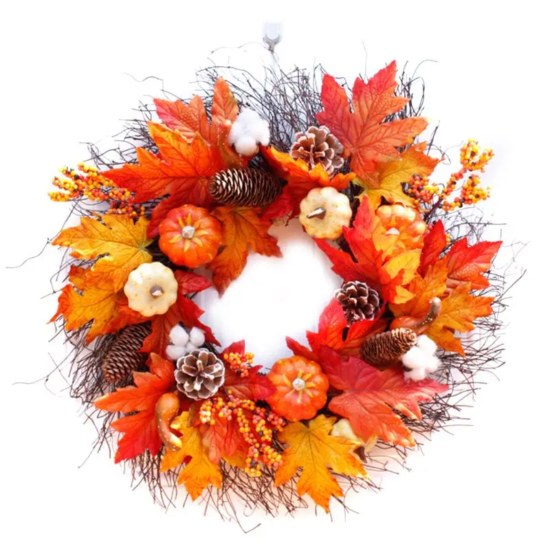 

Halloween Thanksgiving Door Hanging Wreath Garland Artificial Maple Leaves Pumpkins Berries Pine Cones Simulation Weeding Harves