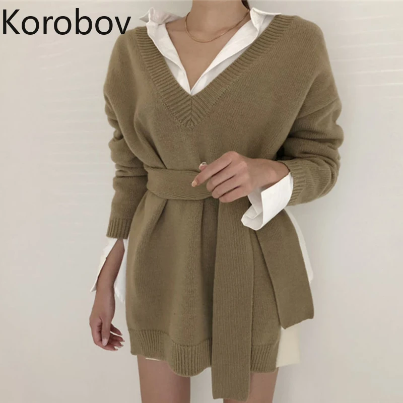 Korobov винтажные однотонные вязаные свитера с асимметричным поясом корейский