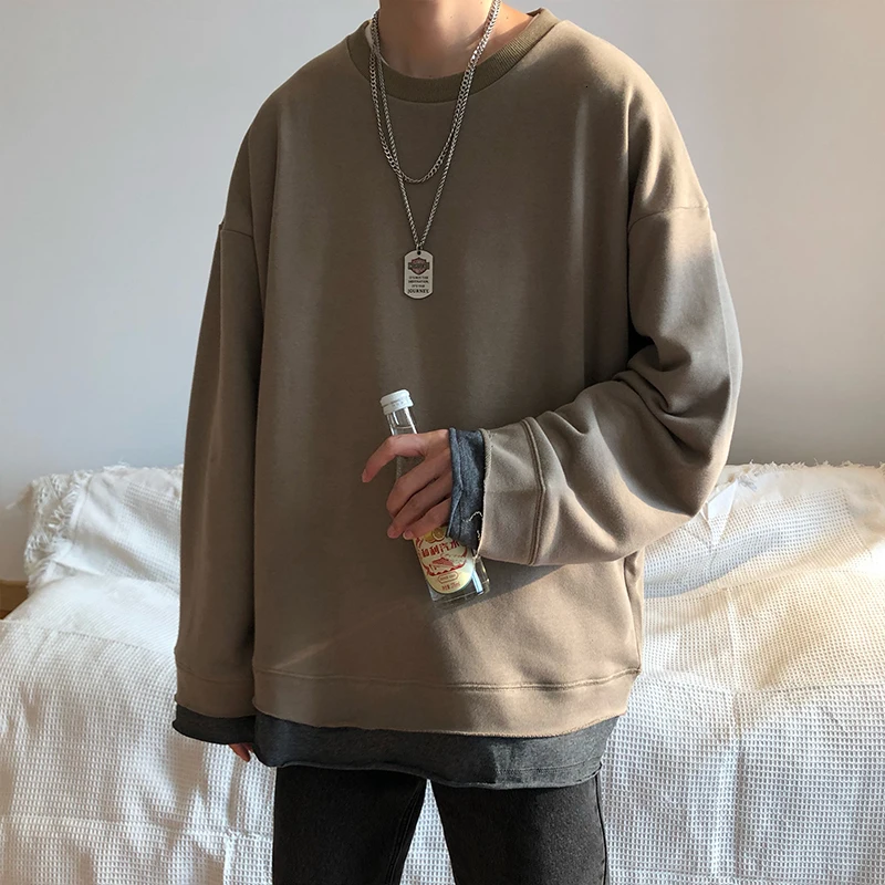 khaki EWQ/весна, длинный рукав, круглый вырез, пуловеры, большие размеры, пэчворк, свободный свитер, мужская, корейский стиль, пальто FT042 - Цвет: khaki