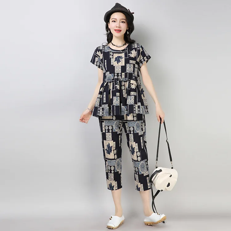 

Photo Shoot 2019 Summer New Style Loose And Plus-sized Short-sleeved Top Cotton Linen Capri Pants Casual Two-Piece Set WOMEN'S D