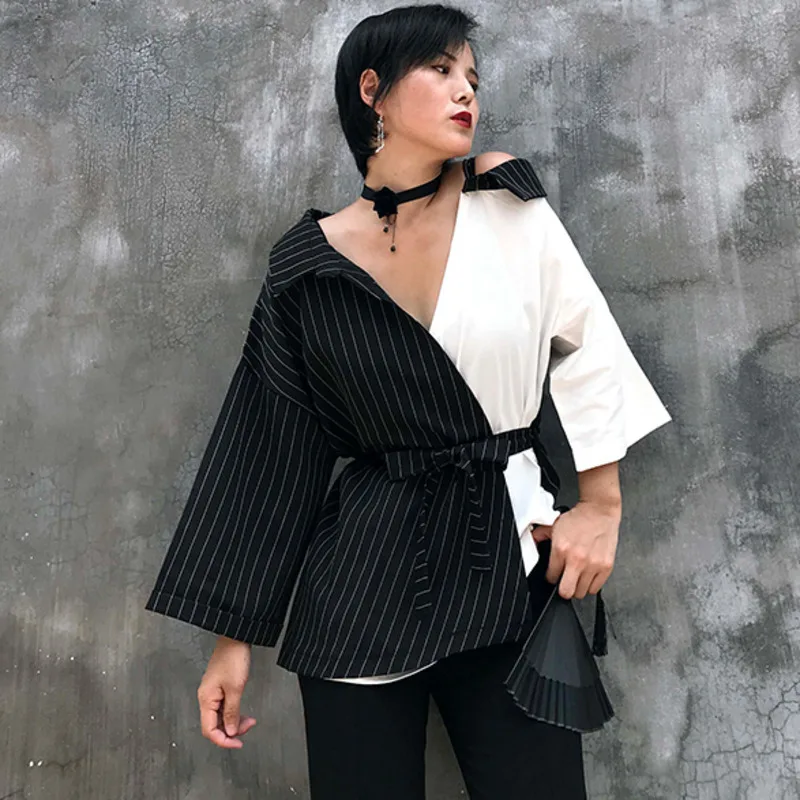 

LANMREM Contrast Color Stitching Striped Suit Strapless Straps Irregular Woman Coat Casual Simple Fashion 2019 Autumn New TV960