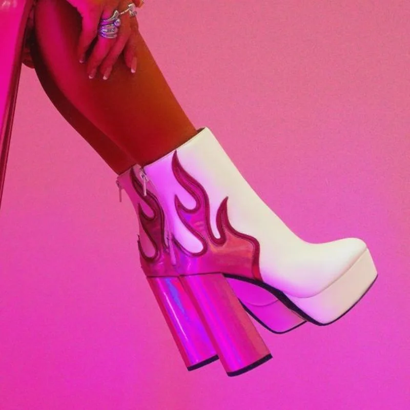 

Ladies Trendy Flame Patched Shiny Chunky Heel Ankle Boots Platform Short Boots Embroider Pattern Zip Up Leather Booties
