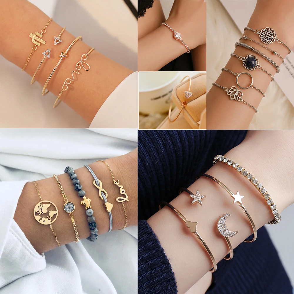 Boho Bangle Elephant Heart Shell Star Moon Bow Map Crystal Bead Bracelet Women Charm Party Wedding Jewelry Accessories |