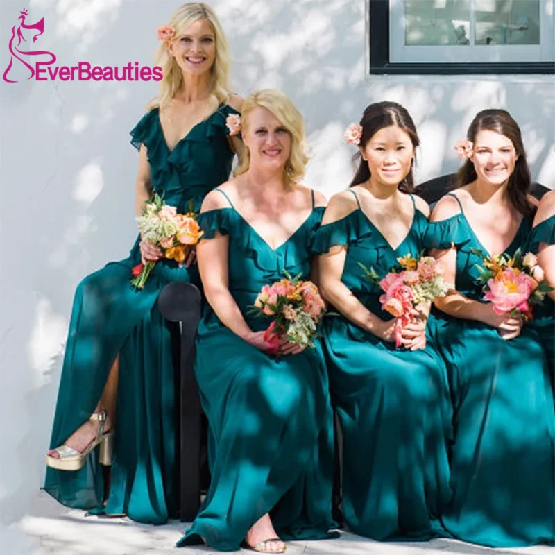 Vestido Madrinha, бирюзовое шифоновое длинное платье подружки невесты,, на тонких бретелях, с открытыми плечами, свадебное платье для гостей, Vestido Madrinha