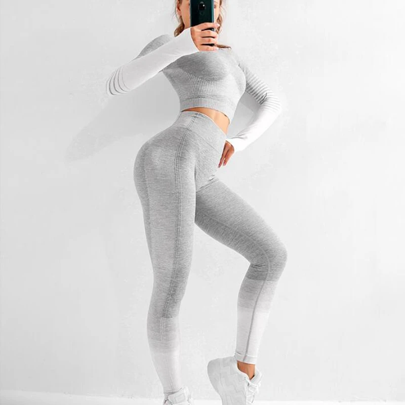 Women Seamless yoga set Fitness Sports Suits GYM Cloth Long Sleeve Shirts Crop Top+High Waist Leggings Workout Yoga clothing