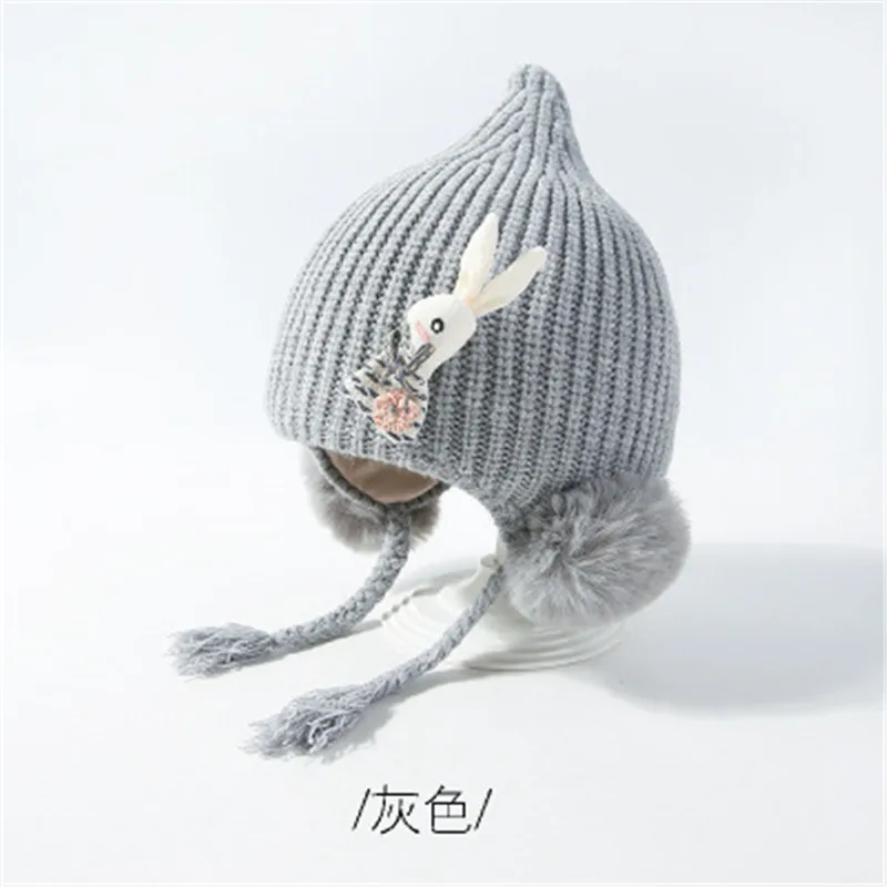 Осенне-зимние помпоны-кролики, одноцветные теплые детские шапки Skullie Beanies, эластичная шапка, модные аксессуары для девочек, QNC - Цвет: 3