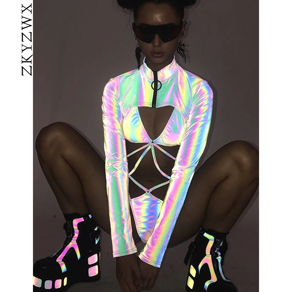 

ZKYZWX Sexy Reflective Super Crop Jacket Women Autumn Harajuku Hip Hop Ladies Long Sleeve Jackets Zip Overcoat Club Dance Top