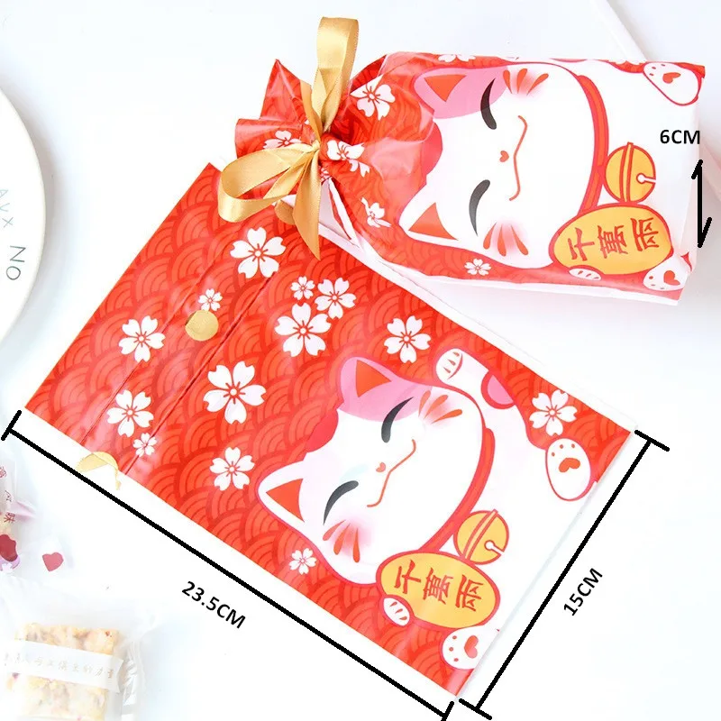 600 x Средний новогодний красный Кот приносящий удачу печенье Drawstring подарочные пакеты молоко нуга упаковка Пакеты обертка оптом