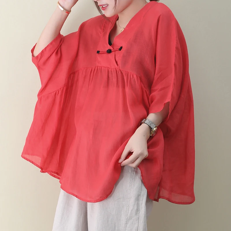 

[EWQ] 2020 Spring Summer New Pattern V-collar Shrot Three Quarter Solid Patchwork Pullovers Large Size AJ01303