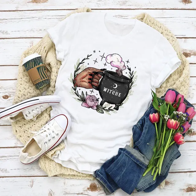 Woman Pattern T-shirt Witch Coffee Cartoon Fashion Summer Plus Size T-shirt Top Harajuku T-shirt Ladies Clothes 24549