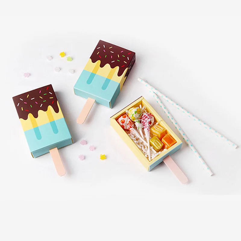 

5pcs Ice Cream Shape Paper Candy Box Blue Popsicle Candy Folding Paper Box For Kids Baby Shower Birthday Cartoon Drawer Gift Box