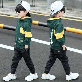 

children's sports set boys' autumn product two sets big children's letter color block cardigan jacket clothes coat 4Y-14Y 287