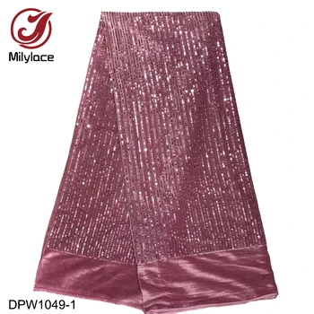 

2019 Nigeria Latest Design Velvet Lace Fabric 5 Yards/pcs High Quality African Lace with Sequins for Party Dress DPW1049