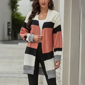 

Laamei 2020 Spring Women Sweater Striped Color Block Draped Loose Cardigan Long Sleeve Casual Knit Sweater Coat