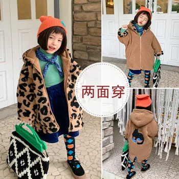 

Winter New Arrival Korean style Girl's coat leopard cartoon printed thickened woolen hooded reversible fashion long jacket