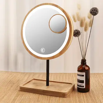 

Wooden Desktop LED Makeup Mirror 3X Magnifying USB Charging Adjustable Bright Diffused Light Touch Screen Beauty Mirrors