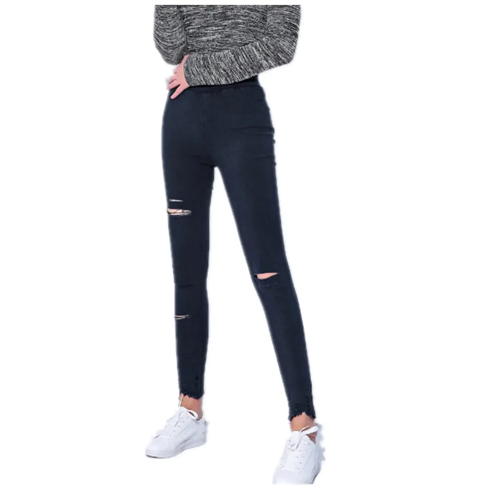 Petite Soft Super Stretch zerrissene Jeans für Damen, schmale, ultra dehnbare Denim-Hose, Vintage-Hose, elastische Taille, schwarze Leggings – Detail 7