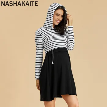 

NASHAKAITE Maternity Dress Casual Ruffle design Striped Long-sleeve Hooded Nursing Dress Pregnant clothes Breastfeeding Dress