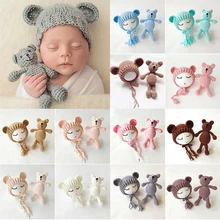 Детские аксессуары для новорожденных девочек и мальчиков, реквизит для фотосъемки, вязаный костюм, шапка с ушками медведя, милые однотонные шапки с животными
